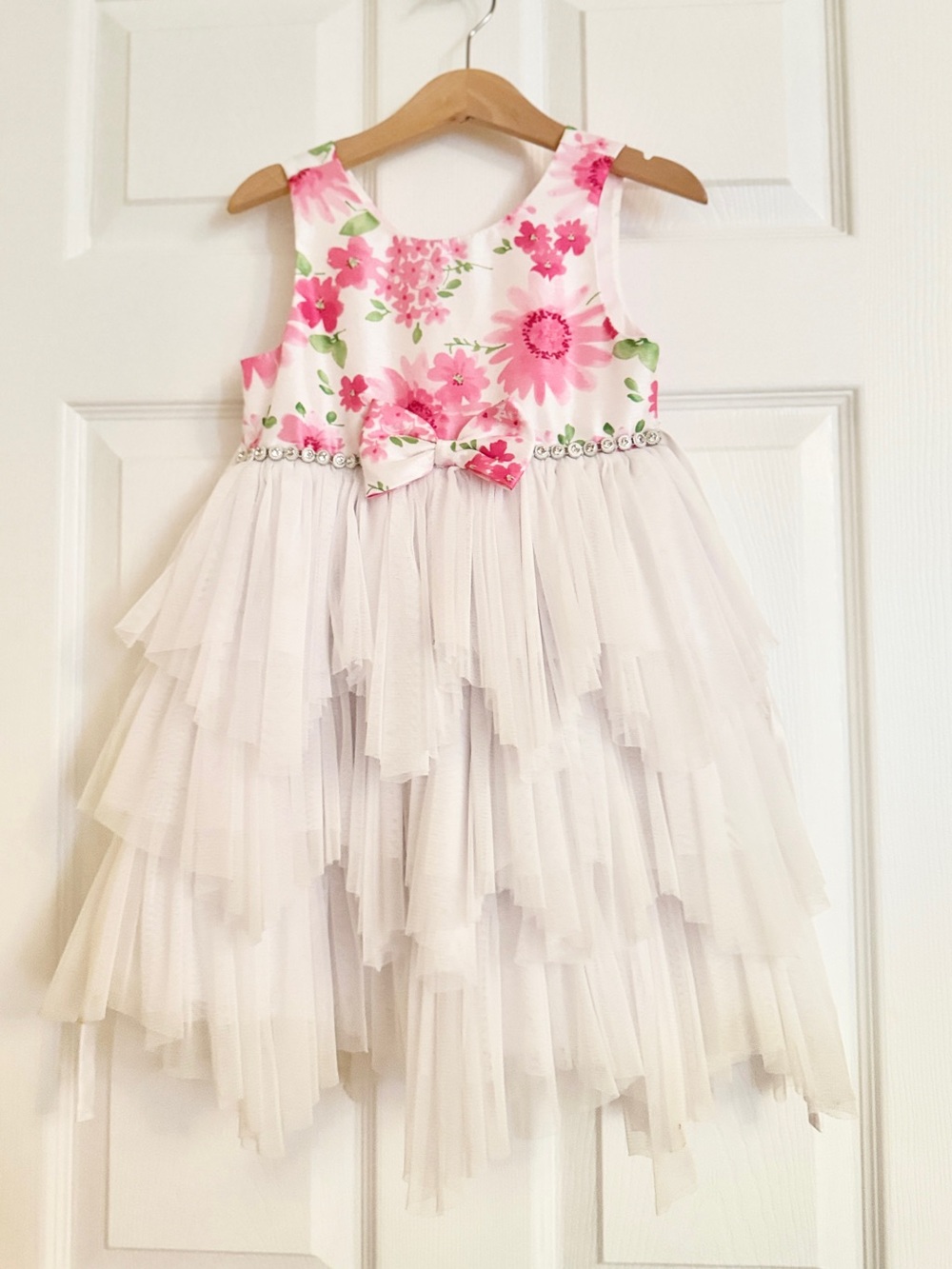 Sz 4 Girls Pink Floral Layered Tulle Party Dress with Bow and Rhinestone Belt